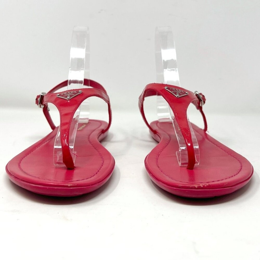 Prada Pink Patent Leather Flat Sandals T‎ Strap Logo 39.5 - Picture 3 of 8